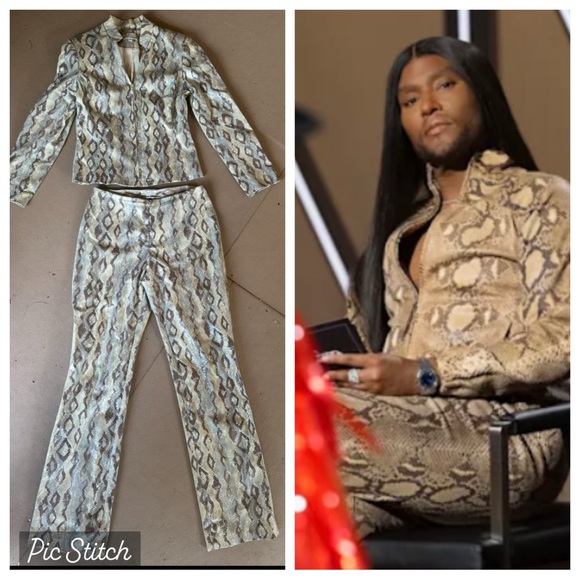 Vintage y2k Cache snakeskin faux leather jacket pants set zipper Suit Law Roach - Picture 1 of 14